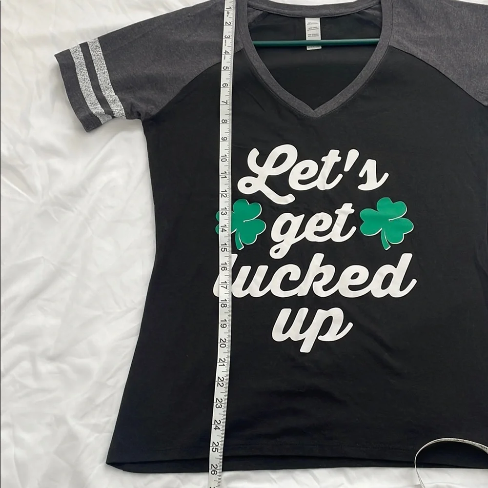 Black and Gray St Paddy’s St Patrick’s Tee “Let’s get lucked up” green shamrocks - Picture 4 of 5